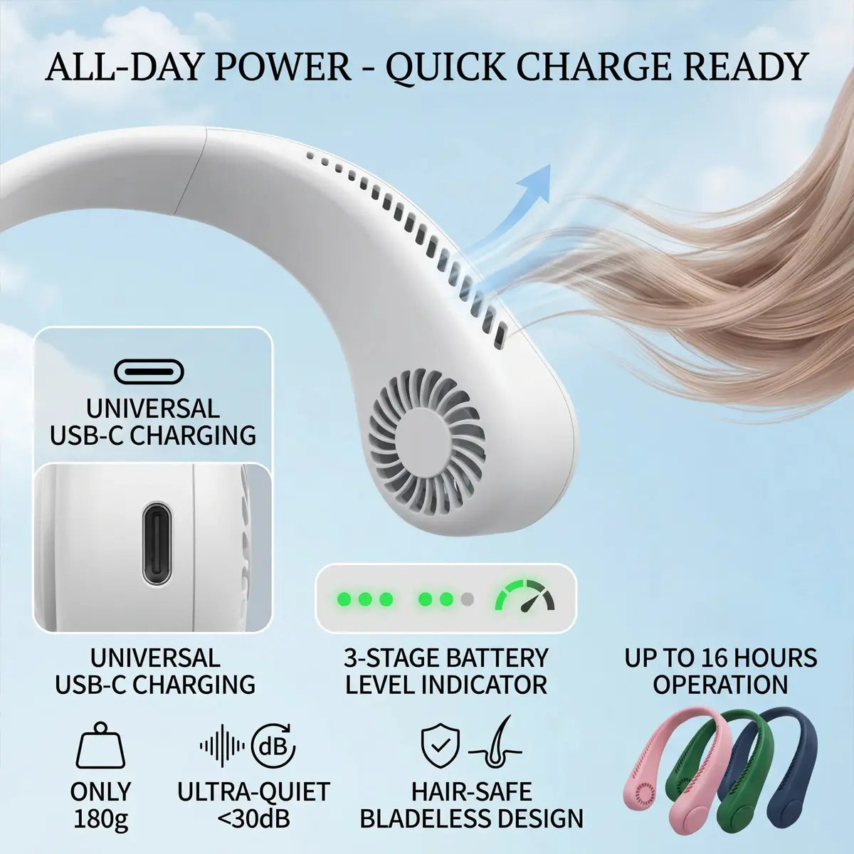 Ultra-Lightweight Bladeless Neck Fan (Hands-Free 360° Cooling Airflow)