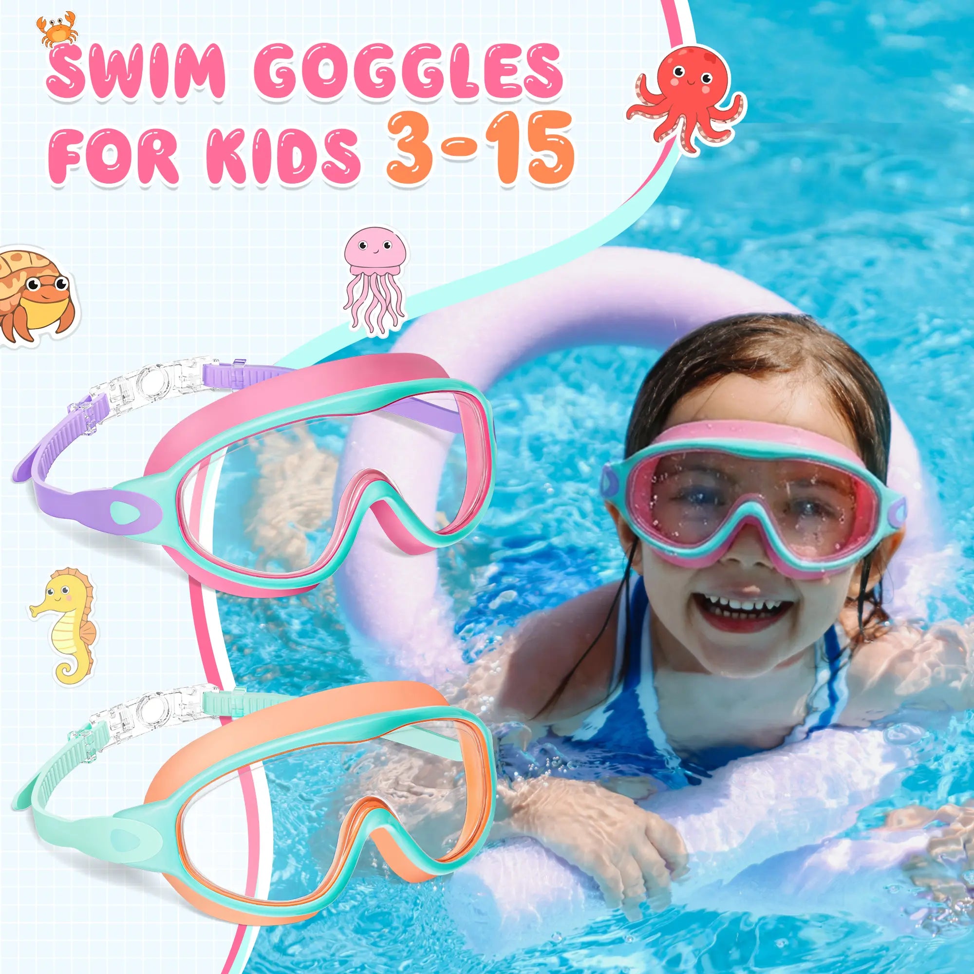 MARISUN Kids Swim Goggles 2 Pack | UV Protection & Anti-Fog for Ages 3-15 – Includes Earplugs & Nose Clip