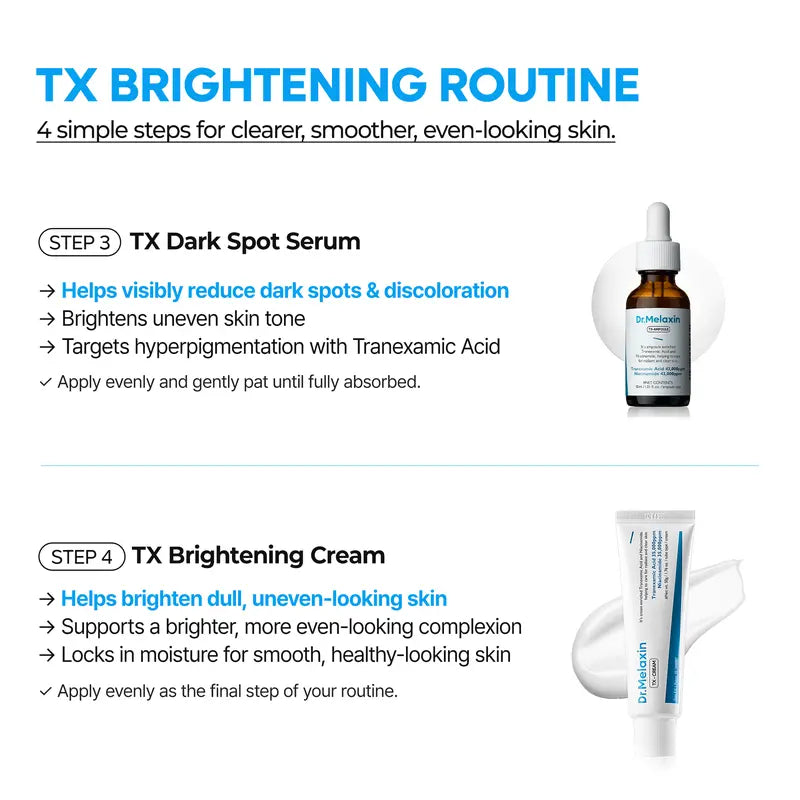 [Dr.Melaxin Official] TX Brightening Routine | TX Peel Shot Serum, TX Peeling Toner, TX Dark Spot Ampoule & TX Cream 4-Piece Set