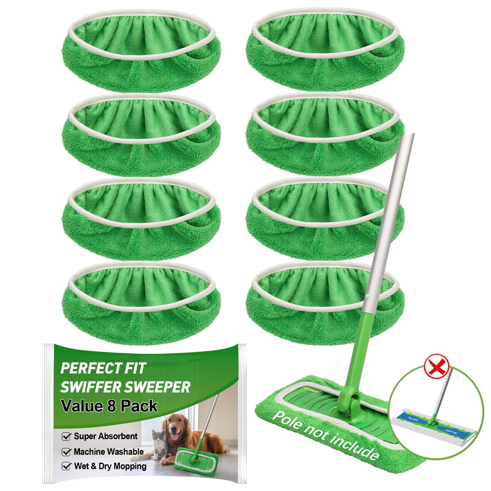 8-Pack Microfiber Mop Pads Compatible with Swiffer Sweeper – Reusable Wet & Dry Flat Mop Refills – Washable, for All Floor Types