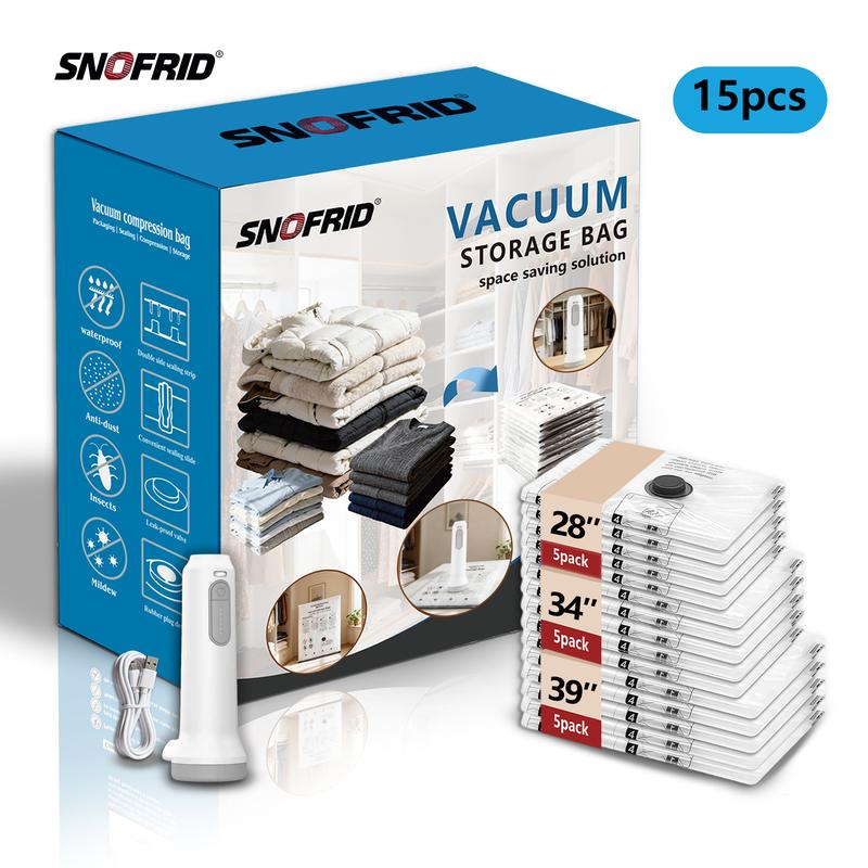 Snofrid Cordless Travel Vacuum Bags 15-Pack | USB Rechargeable Pump Included – Waterproof, Reusable & Space-Saving for Suitcases