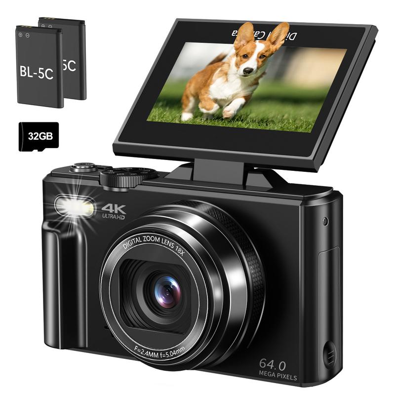 4K Digital Camera for Photography | 64MP with 180° Flip Screen, 18X Zoom & 32GB Card – 2 Batteries Included, Ready to Shoot