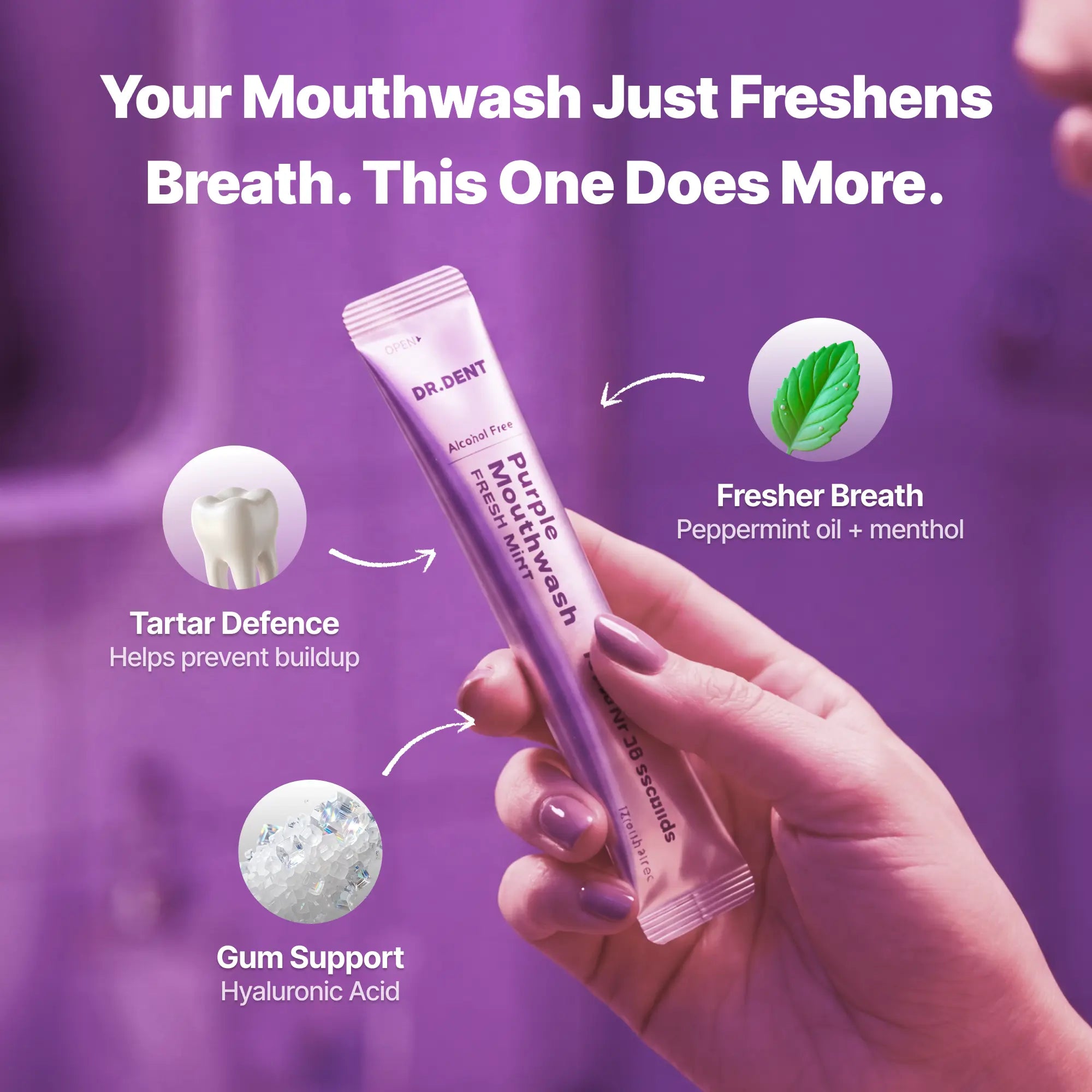 DR.DENT Purple Mouthwash Sachets | Alcohol-Free, Peroxide-Free – Fresh Mint for Travel & Daily Use