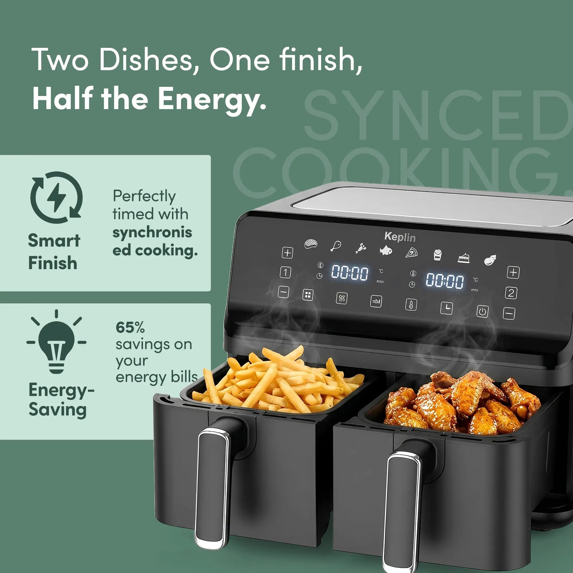 Keplin 9L Dual Basket Air Fryer | 6-in-1 Smart Energy Saving Oven Alternative