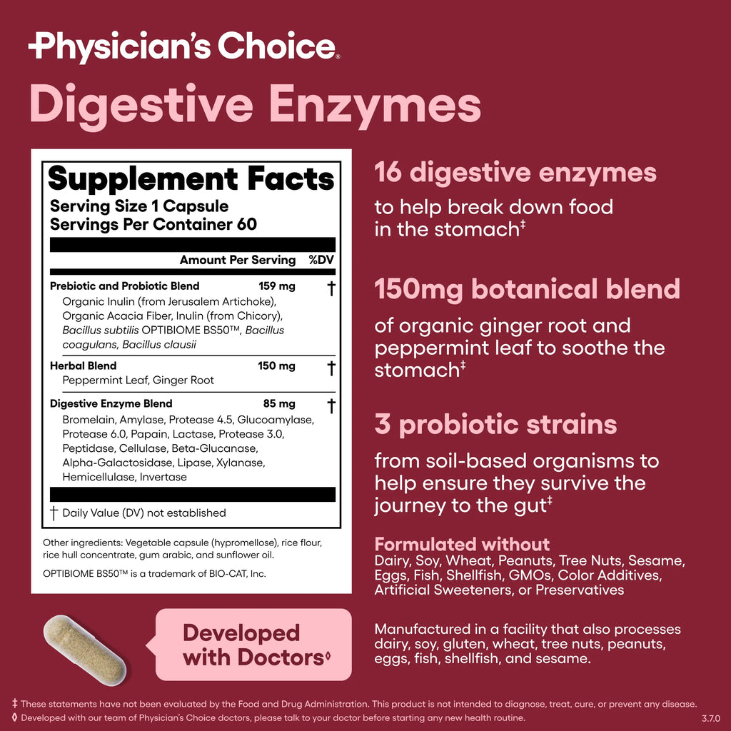 Physician‘s Choice Digestive Enzymes + Probiotics | Bloating Relief & Gut Health Support – One Capsule with Meals
