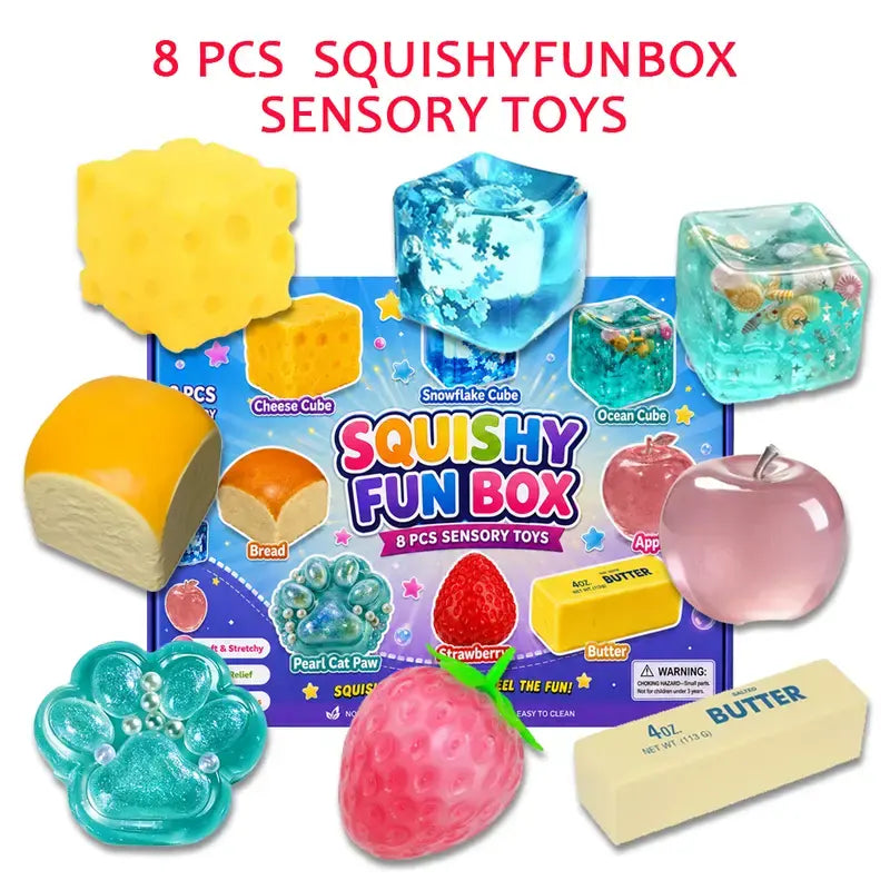 8-Pack Squishy Stress Relief Toys | Slow-Return Sensory Fidget Bundle – 8 Different Styles, Perfect for Party Favours & Gifts