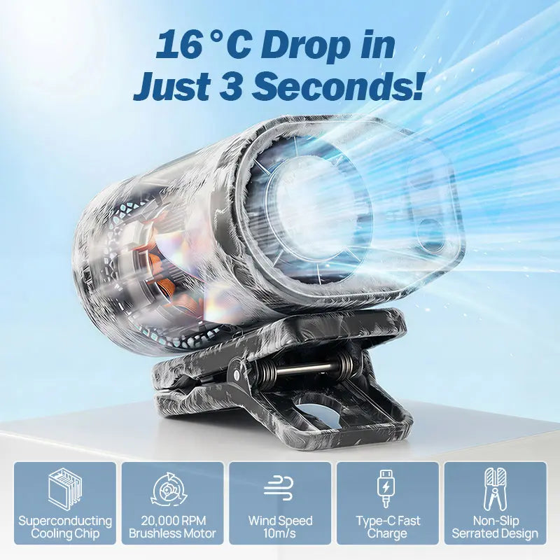 Joytutus Semiconductor Clip-On Fan | 100-Speed Turbo Cooling with 20Hr Battery – 360° Rotating, LED Display, Perfect for Cars, Prams & Desks
