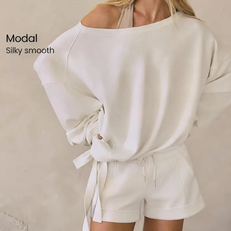 GLOWMODE™ One-Shoulder Silky Smooth Sweatshirt with Drawstring