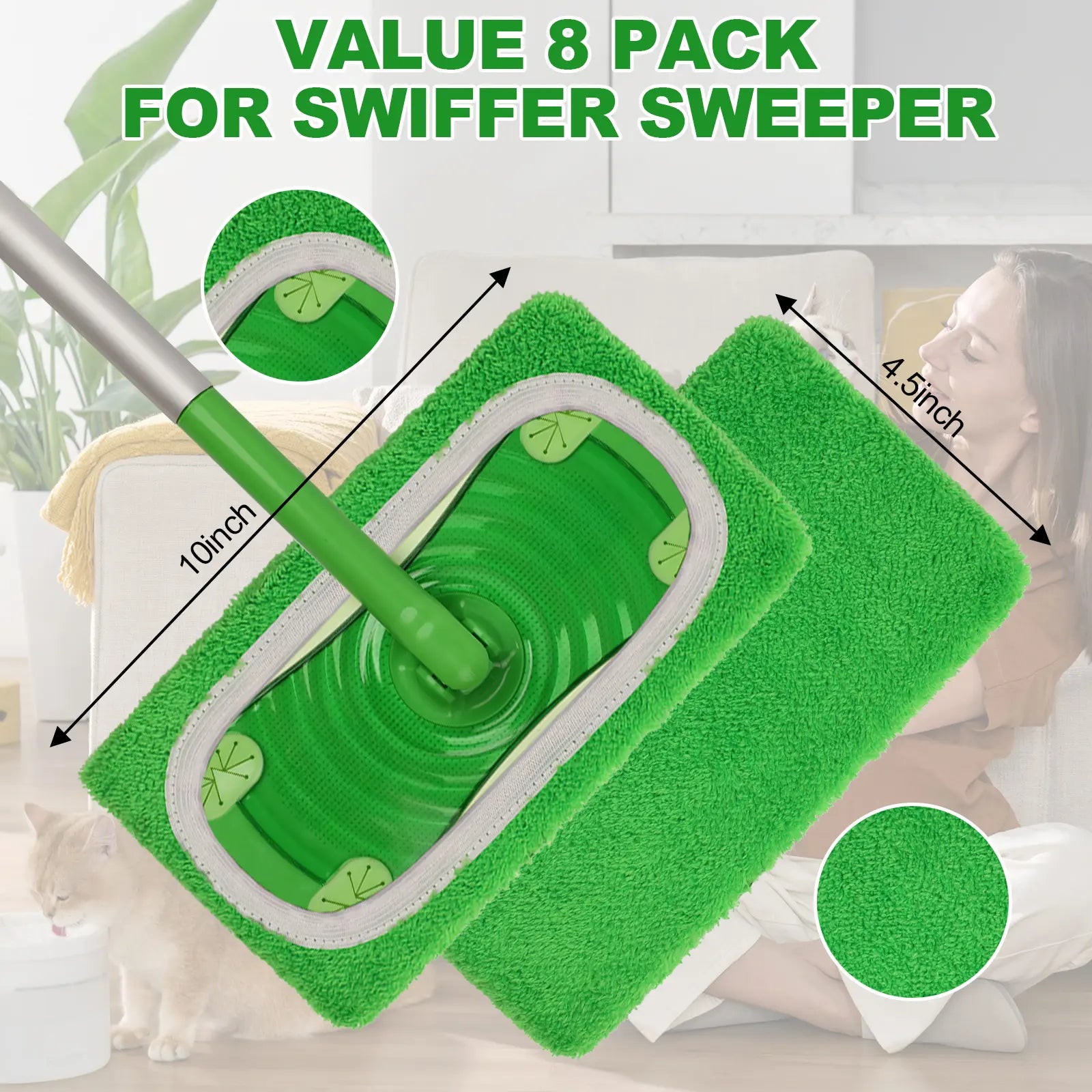 8-Pack Microfiber Mop Pads Compatible with Swiffer Sweeper – Reusable Wet & Dry Flat Mop Refills – Washable, for All Floor Types