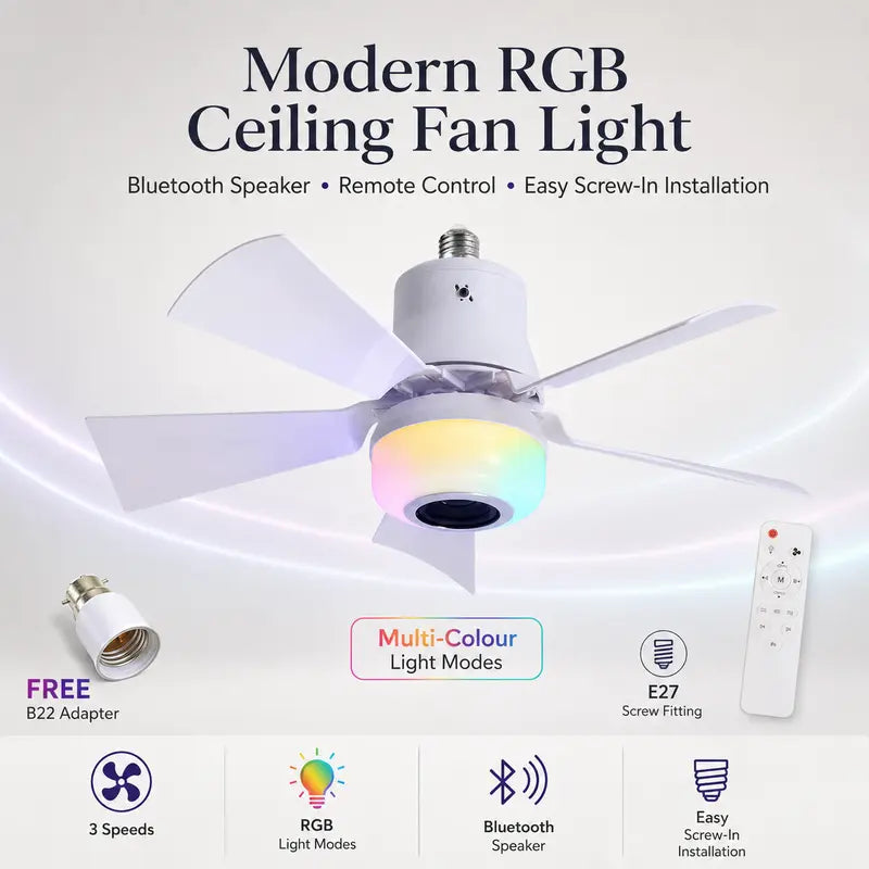 Modern 3-in-1 Screw-In Ceiling Fan Light (Built-In Wireless Bluetooth Speaker)
