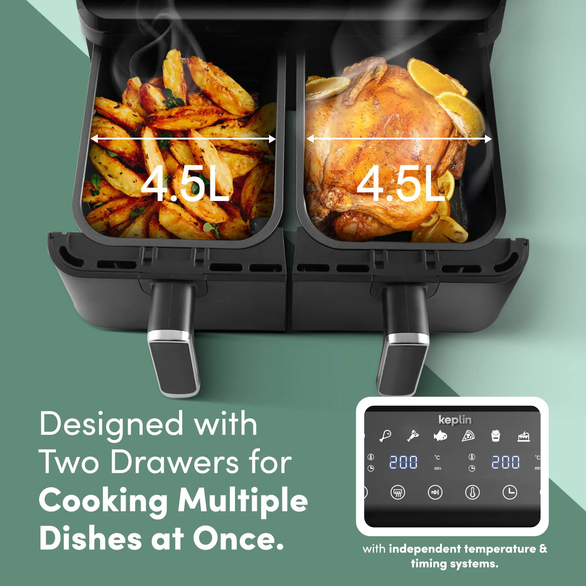 Keplin 9L Dual Basket Air Fryer | 6-in-1 Smart Energy Saving Oven Alternative