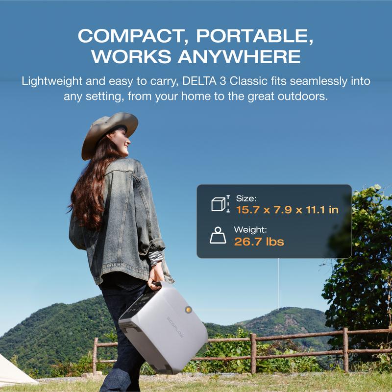 EcoFlow DELTA 3 Classic Power Station | LiFePO4 Battery, Fast Solar Charging – Portable Backup Power for Home, Caravan & Camping