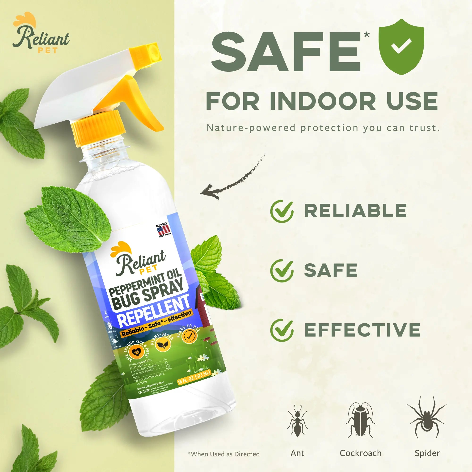 Reliant Pet Peppermint Oil Bug Spray | 16oz – Safe for Kids & Pets, Effective Against Ants, Spiders & Roaches – Natural Pest Control