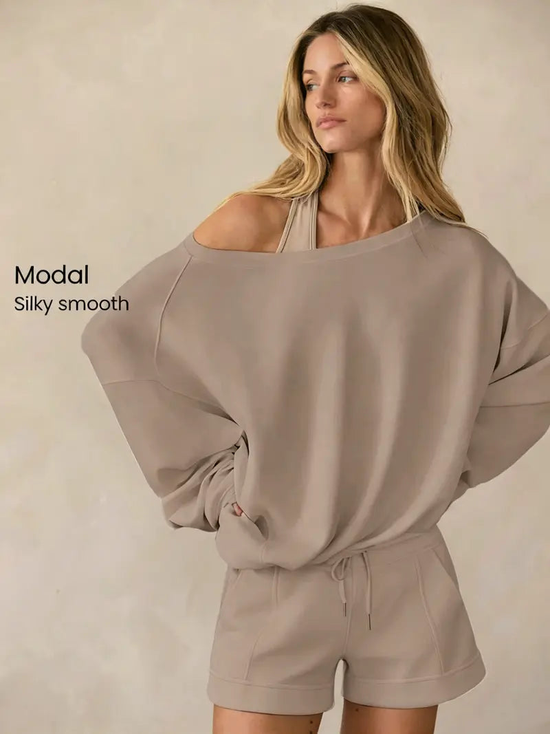 GLOWMODE™ One-Shoulder Silky Smooth Sweatshirt with Drawstring