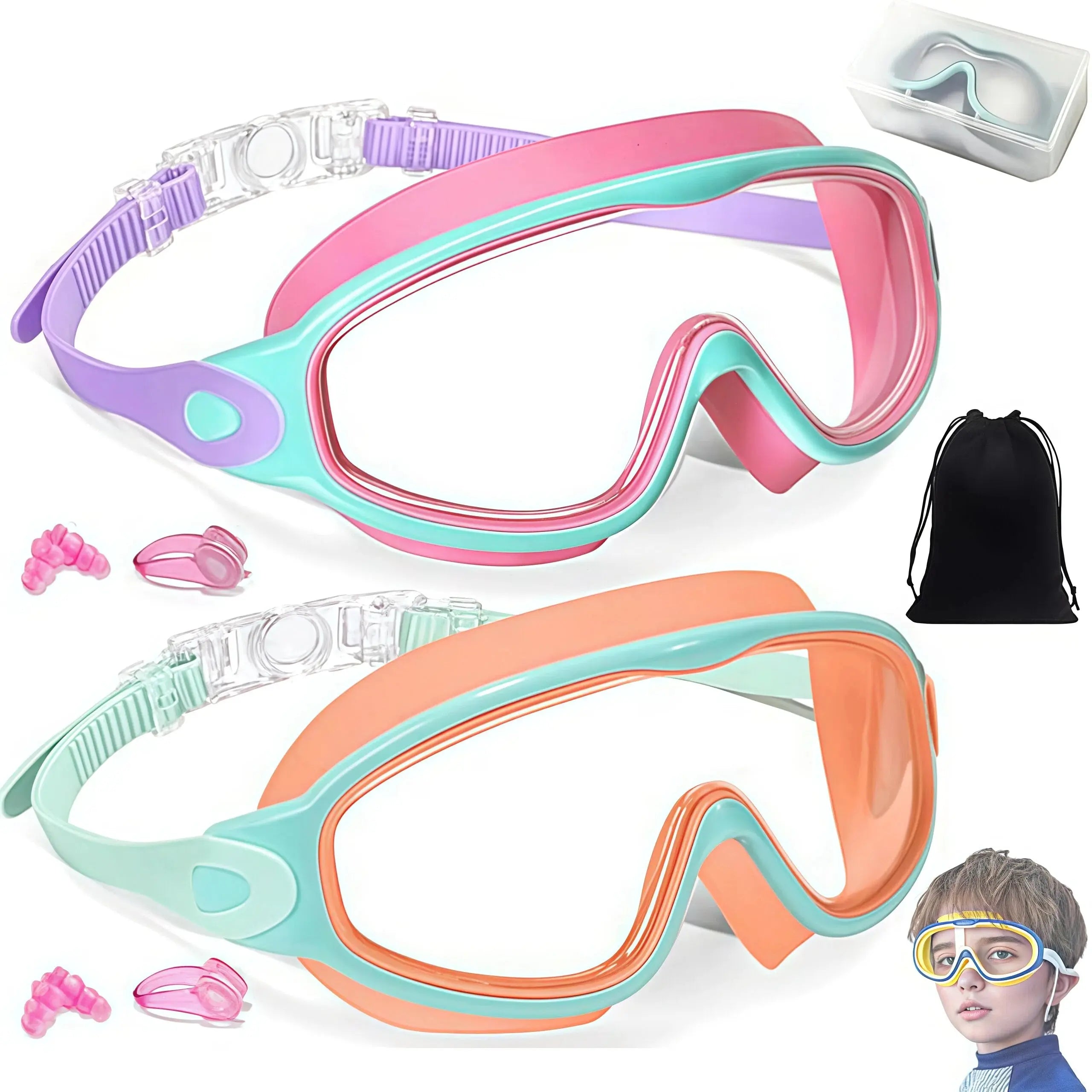 MARISUN Kids Swim Goggles 2 Pack | UV Protection & Anti-Fog for Ages 3-15 – Includes Earplugs & Nose Clip