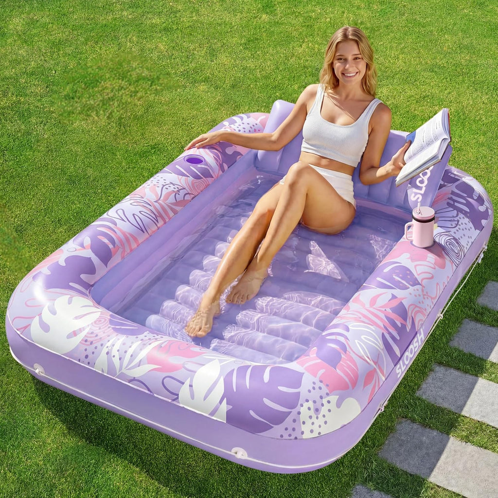 Sloosh Extra Large Inflatable Tanning Pool Float | 4-in-1 Lounge with Cup Holder & Pillow – Perfect for Pool, Beach & Backyard Parties