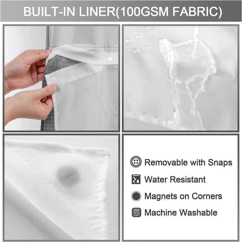 No-Drill Double Layer Shower Curtain | Waterproof & Washable with Snap-In Liner – 72 x 75 Inch for Standard Bathrooms