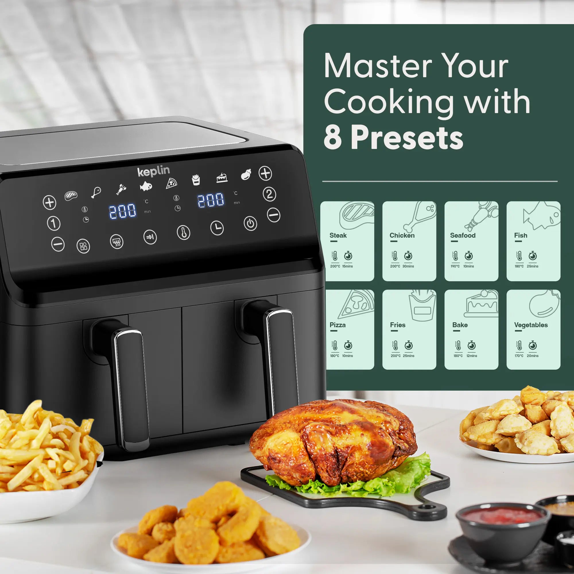 Keplin 9L Dual Basket Air Fryer | 6-in-1 Smart Energy Saving Oven Alternative