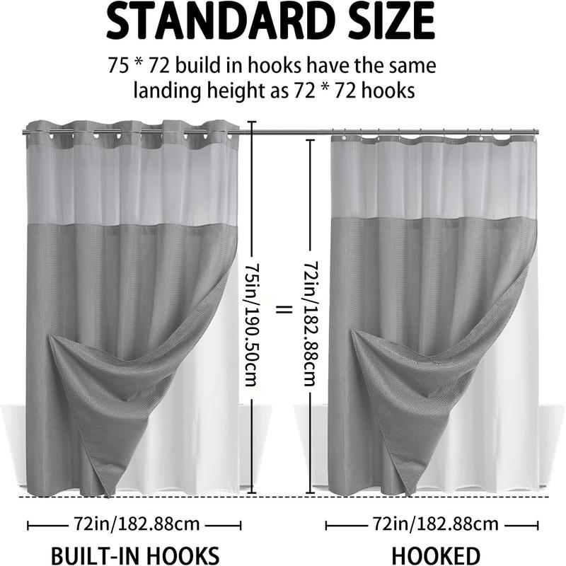 No-Drill Double Layer Shower Curtain | Waterproof & Washable with Snap-In Liner – 72 x 75 Inch for Standard Bathrooms