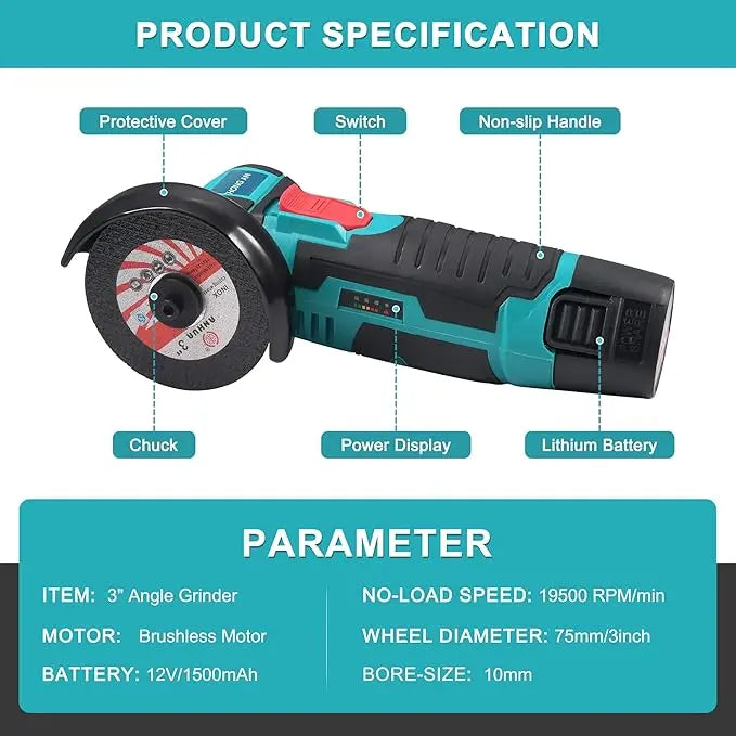 12V Cordless Mini Brushless Angle Grinder Kit (with 2x Batteries)