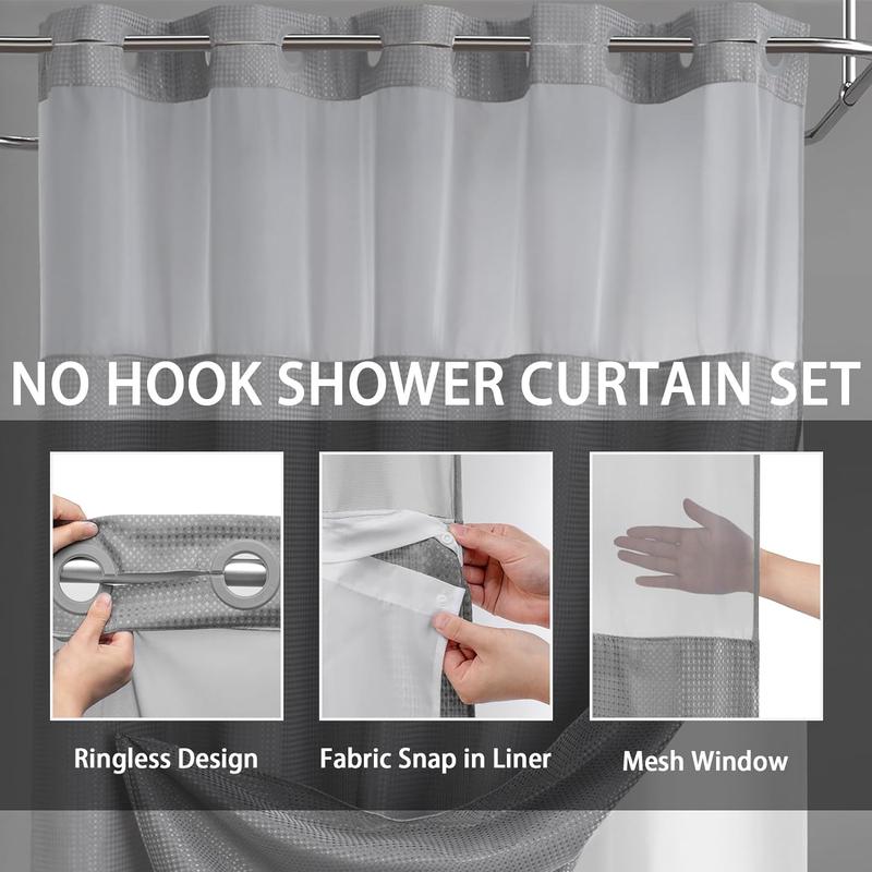 No-Drill Double Layer Shower Curtain | Waterproof & Washable with Snap-In Liner – 72 x 75 Inch for Standard Bathrooms