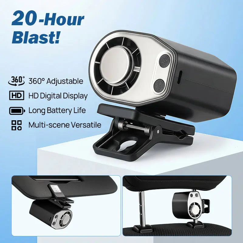Joytutus Semiconductor Clip-On Fan | 100-Speed Turbo Cooling with 20Hr Battery – 360° Rotating, LED Display, Perfect for Cars, Prams & Desks